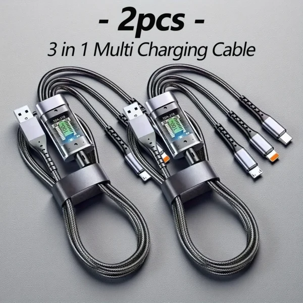 2PCS 3-in-1 100W Super Fast Charging Cable – Type-C / USB / Micro for iPhone, Samsung, Huawei, Xiaomi