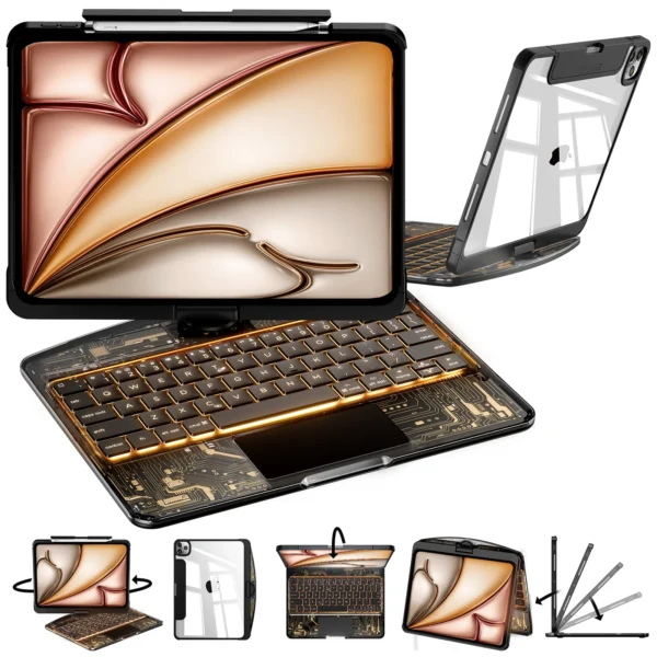 Premium Wireless Keyboard Case with Touchpad for 7–13 Inch Tablet, 360° Rotatable, 7-Color Backlit, Bluetooth Rechargeable, Protective Cover for Multiple Models